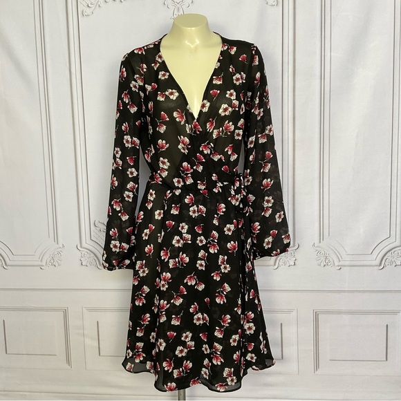 Lark & Ro Black Semi Sheer Long Sleeve Side Tie Wrap Dress Flirty & Flowing Sm - Picture 2 of 8